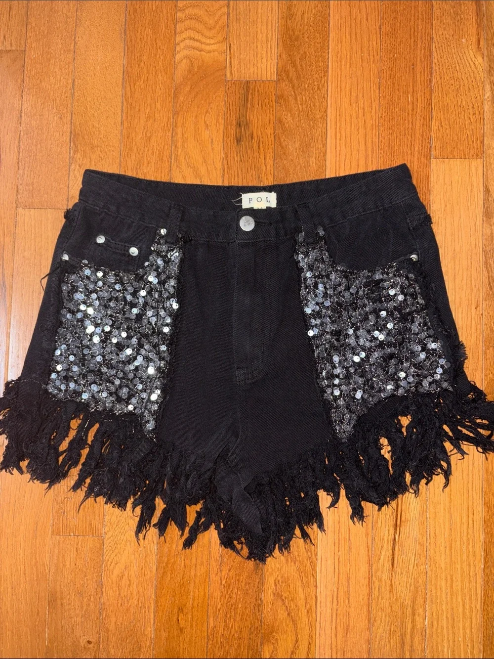 POL Black Sequin Fringe Denim Shorts M Distressed Festival Western Cowgirl